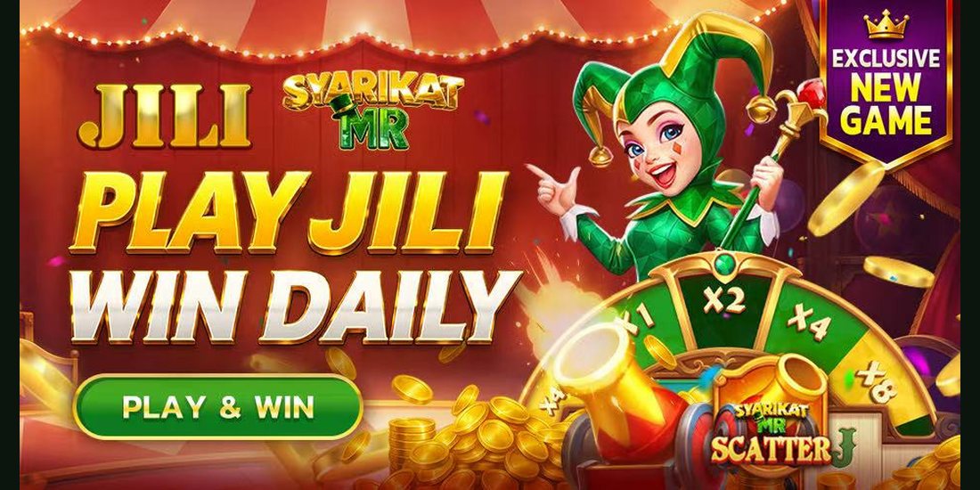 Red circus themed banner for JILI slot games featuring a jester and prize wheel - mrlucky-88.my